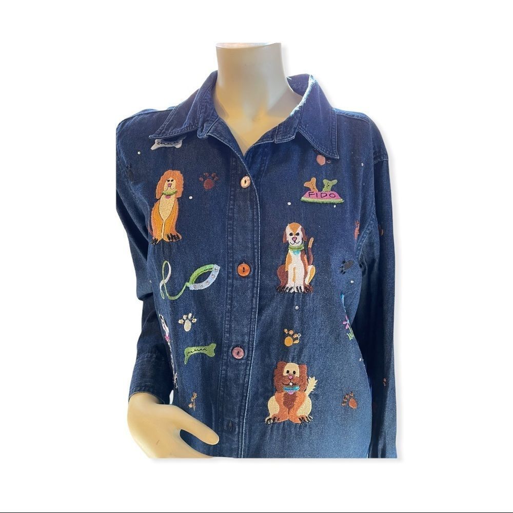 Quacker Factory Fido Dog Blue Denim Rhinestone Beads Button Up Shirt